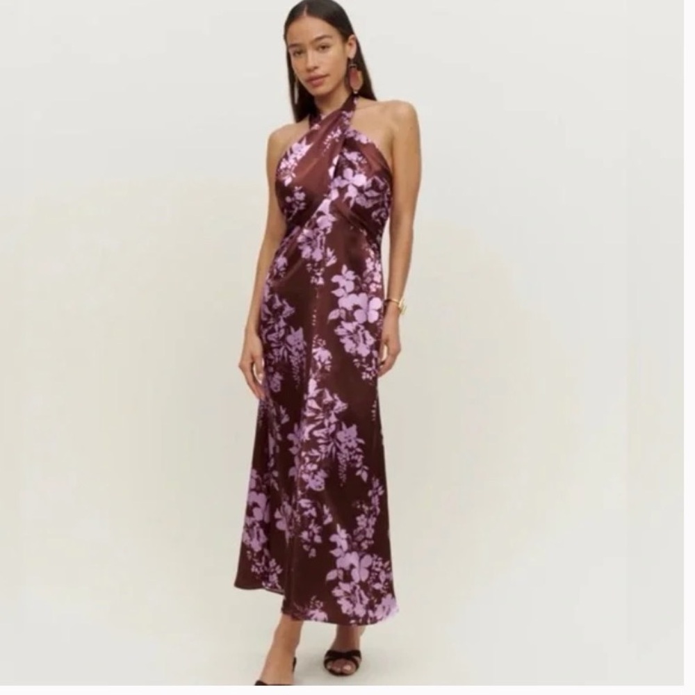 Reformation Brown and Purple Floral halter Dress